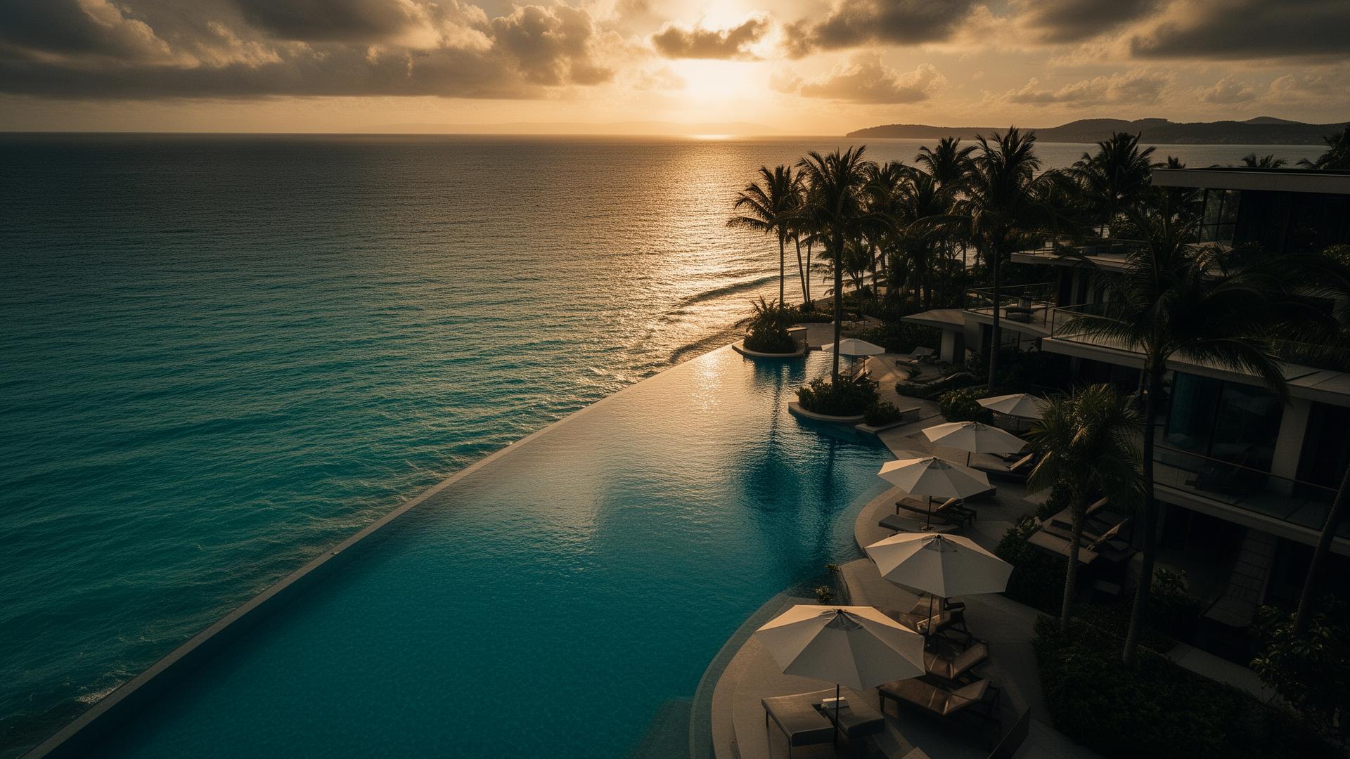 Luxury infinity pool overlooking the ocean at sunset